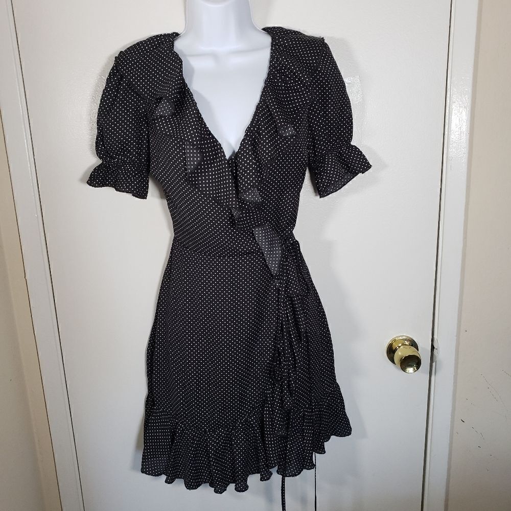 The Archives Polkadot V Neck Ruffle Lined Wrap Short Sleeve Sundress Size S